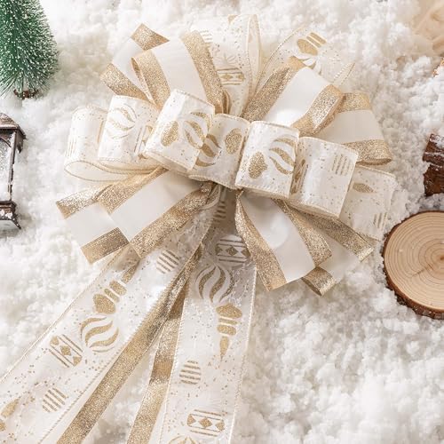 Christmas Tree Topper, 40x13 Inches Toppers Bow with Glitter Satin Mesh Streamer and Patterned Ribbon, Christmas Tree Topper Bow for Christmas Home Decoration (White Golden) - Image 4