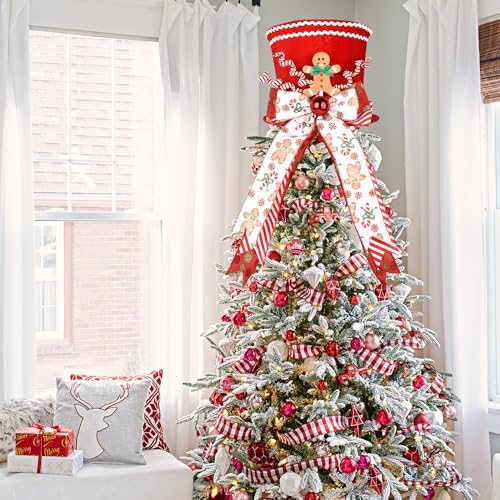 HMASYO Gingerbread Christmas Tree Topper, Velvet Red Tree Topper Hat with Candy Cane Gingerbread Ornament Bows, Top Hat Xmas Tree Topper for Home Office Holiday Tree Decoration Xmas Festive Gift - Image 3