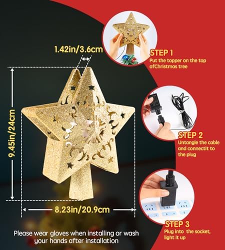 Christmas Tree Star Topper, Built-in Led 360° Rotating Snowflake Projector Pentagram Plug in Christmas Tree Ornament for Indoor Office Xmas New Year Holiday Tree Decor (Golden) - Image 6