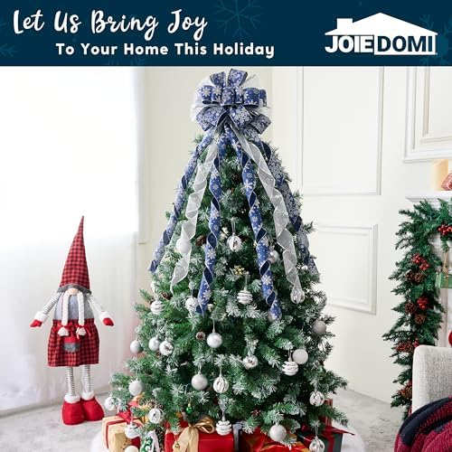 JOIEDOMI 45 Inch Christmas Tree Topper Wreath Bow, Blue and Silver Ribbon Ornaments with Snowflakes and Glitter, Large Gift Decor for Xmas Holiday Themed Decoration Home Parties Wedding - Image 3