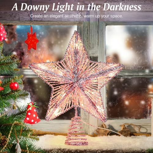 Lewondr Lighted Christmas Star Tree Topper with Remote & Timer, Pink - Image 2