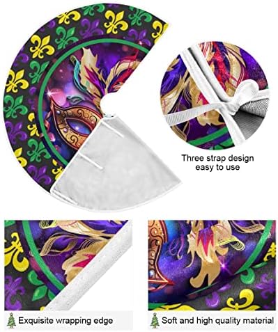 Mardi Gras Fleur de Lis Christmas Tree Skirt Decorations Masquerade Party Mask Beads Confetti Feather Xmas Tree Mat 48 inch for Holiday Party Supplies Rustic Ornaments Large Tree Skirt - Image 2