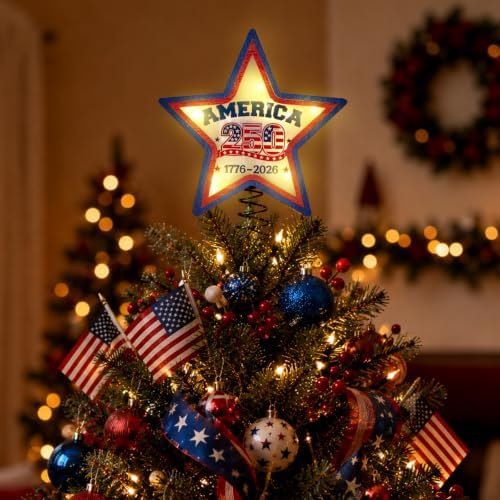Lighted 4th of July Star Tree Topper, LED USA 250th Anniversary Wooden Patriotic Star Treetop Decoration, Battery Operated American Flag Star for Christmas Tree Independence Day Party Decor by Unknown