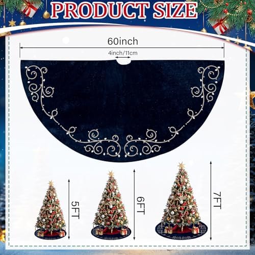 72inch Extra Large Christmas Tree Skirt Navy Blue Luxury Velvet Plush Fur Skirts Baroque Tree Skirts with Gold Embroidered Pearls and Crystals Trees Skirt for Christmas Holiday Party Home Decoration - Image 2