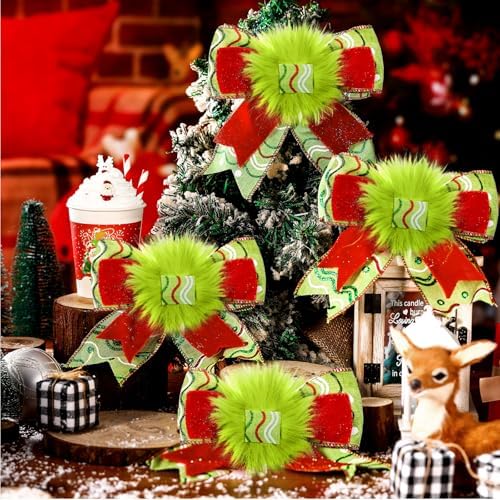 Knitgrip 24 Pcs Christmas Bows Lime Green Red Dots Fluffy Topper,Fresh - Image 4