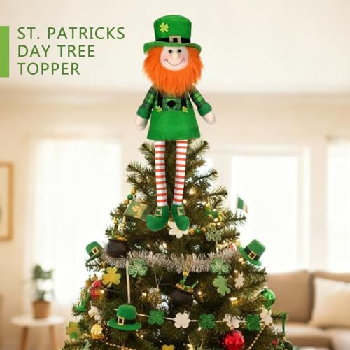 Soulchen 18.9 Inch Large St Patricks Day Tree Topper Leprechaun Gnome Tree Topper with Dangling Legs Oversized Irish Green Shamrock Sitting Decoration for St. Patrick's Day Holiday Party Decor - Image 3