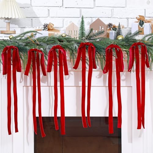 Janinka 12 Pcs Long Red Christmas Velvet Bow Ornament Vintage Tree Decor - Image 3
