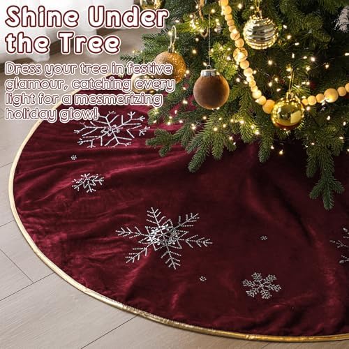 Burgundy Velvet Tree Skirt 60 Inch, Gold Snowflake Rhinestone - Image 6
