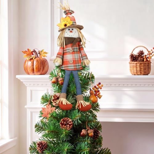 Soulchen 17.7 Inch Thanksgiving Scarecrow Tree Topper Plush Gnome Fall Tree Topper with Sunflower Maple Leaf and Dangle Legs Harvest Autumn Ornament for Home Farmhouse Party Decor - Image 6