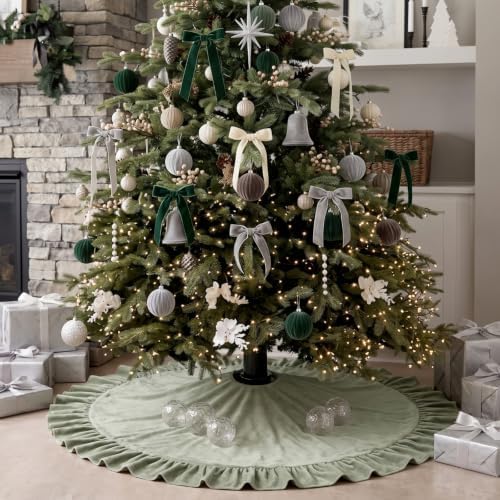 Velvet Christmas Tree Skirt, 60 Inches, Bow Style, Sage Green - Image 5