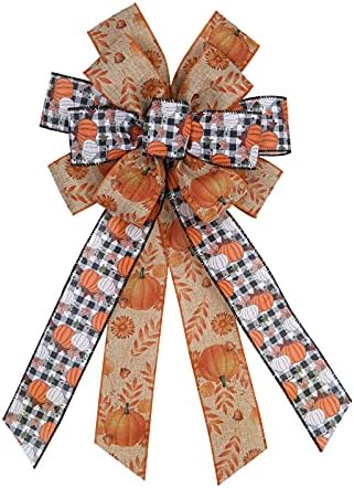 Large Fall Pumpkin Bow for Wreath, White Black Buffalo Plaid for Fall Thanksgiving Party Indoor Outdoor Door Wall Decoration Supplies by Hying