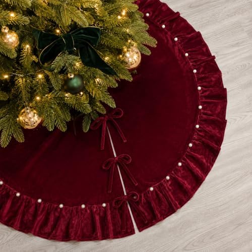 Wine Red Velvet Christmas Tree Skirt, 36 Inch Christmas Tree Skirt with Ruffled Edge and Pearl Trim by Amidaky