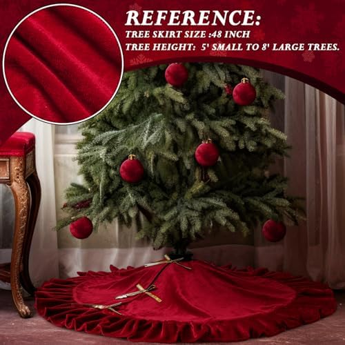 Velvet Christmas Tree Skirt, 48 Inches, Bow Style, Red - Image 5