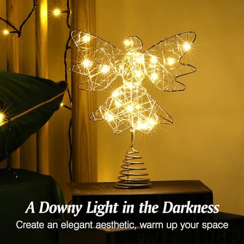 Lewondr Christmas Tree Topper Angel, 9.8" Lighted Metal Angel Treetop, Gold - Image 2
