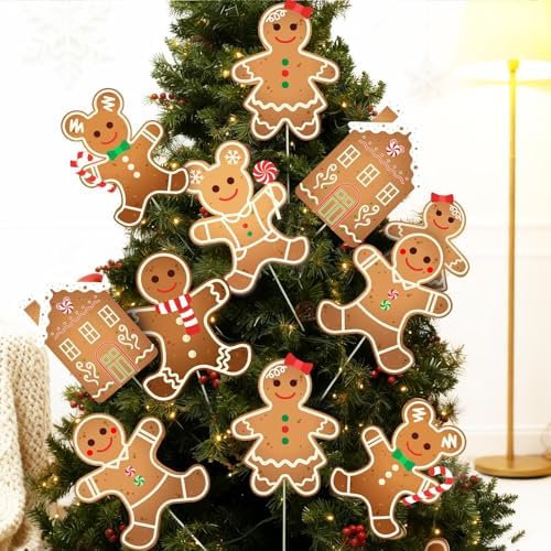 8 Pcs Christmas Tree Decorations Picks, Large Gingerbread Man Christmas Tree Picks, Xmas Gingerbread Man Tree Topper Ornaments for Xmas Trees Winter Holiday Home Party Vase Decor by VABAMNA