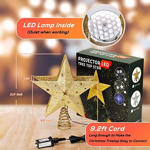 IPOW LED Snowflake Projector Star Christmas Tree Topper, 11.3'' Golden Glittered Star Treetop Lighted Rotating Snow Flake for Christmas Tree Decoration, Ideal as LED Night Light Projector for Children - Image 5