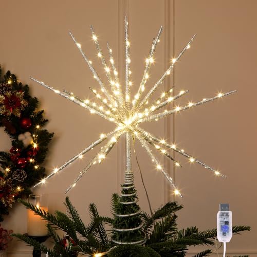 HMASYO 15 Inch Twinkling Starburst Christmas Tree Star Topper, 19-Point Silver Star Tree Topper with 150 LED, Remote Control & Timer, USB Power for Indoor Home Holiday Party Xmas Tree Decoration by HMASYO