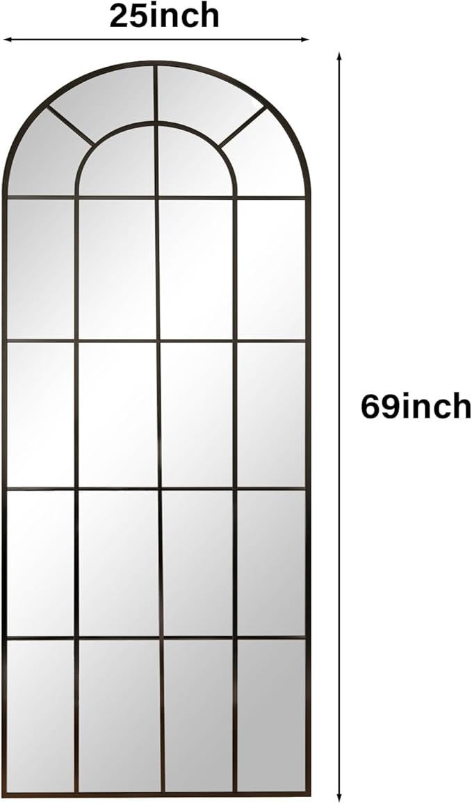 Full Length Mirror, 25"×69" Window pane Arched Mirror Full Body Floor, Grid-Designed Decorative Farmhouse with Metal Frame Hanging or Leaning for Entryway, Living Room, Home Decor, Black