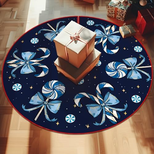 Christmas Tree Skirt Blue Tree Skirts Candy Cane Decorations Xmas Tree Skirt Tree Mat 36 Inch Winter Christmas Decor for Home - Image 2