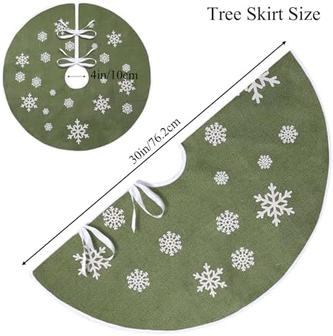 30 Inch Burlap Christmas Tree Skirt with White Snowflakes, Green - Image 5