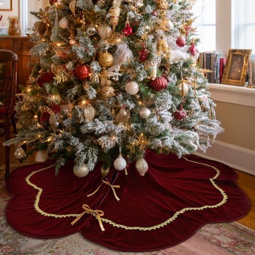 Arrowbash Christmas Tree Skirt 60 Inch Red Velvet Fur Scallop Tree Skirt Sparking Gold Lace Trim for Party Rustic Xmas Holiday Decorations All Year by Arrowbash