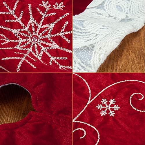 Red Christmas Tree Skirt 32 Inches Snow Sequin Embroidery with White Trim Border Decor for Xmas Holiday Party Ornaments - Image 7