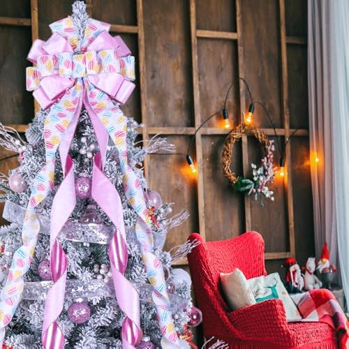 Christmas Tree Topper Wreath Bow Large Pink Christmas Bow Tree Topper 52"x13" Pink Hamburger Pattern Velvet Ribbon Gift Bows for Xmas Holiday Home Wedding Thanksgiving Indoor/Outdoor Decoration - Image 5