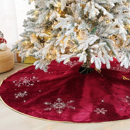 Burgundy Velvet Tree Skirt 48 Inch, Gold Snowflake Rhinestone - Image 4