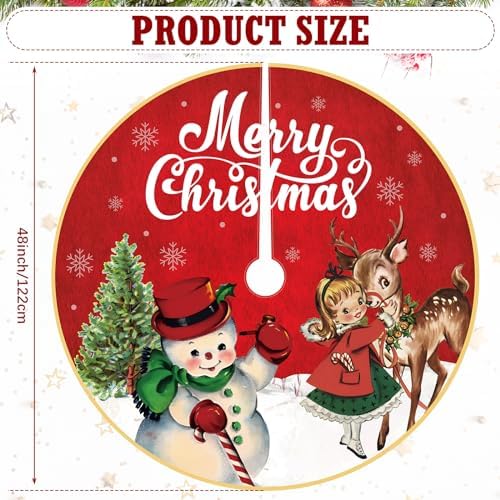Poen 48 Inch Christmas Tree Skirt Vintage Snowman Red Farmhouse Holiday - Image 2