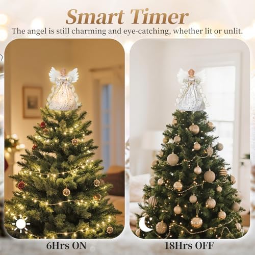 Lewondr Christmas Tree Topper Angel, 12" Lighted Angel Tree Topper with 8 Modes, 6H Timer Angel Figurine Christmas Tree Top Wings, Remote & USB Powered Xmas Decor for Tree Tabletop Home, Gold - Image 3