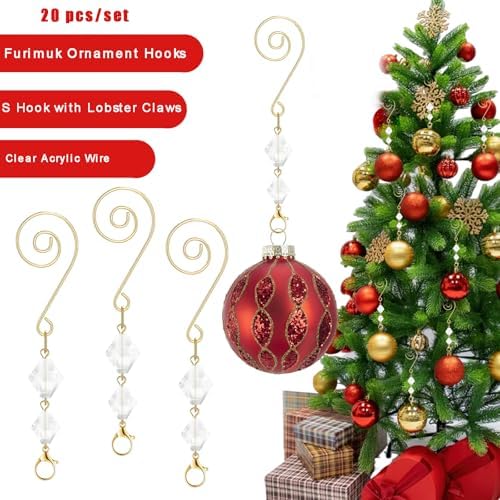 20 Pcs Christmas Ornament Hangers Tree Ornament Hooks Gold Decorative Clear Acrylic Wire S Hook with Lobster Claws Hanging Metal Wire Crystal Jeweled Swirl for Xmas Tree Home Decoration - Image 3