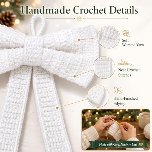 Syhood 12 Inch Crochet Bow Christmas Tree Topper Boho Christmas Ornament Farmhouse Holiday Xmas Decor for Xmas Trees Ornament Party Decoration - Image 3