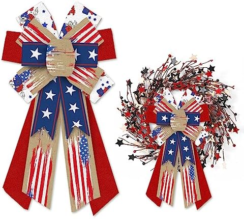 Large Patriotic Wreath Bows Labor Day Decor Bows for Wreath American Flag Blue Stars Burlap Patriotic Bows for Front Door Veterans Day Indoor Outdoor Wall Tree Topper Party Decoration Supplies - Image 6