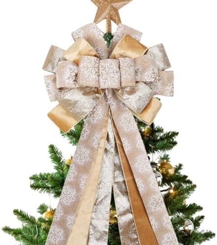 LaRibbons Large Gold Christmas Tree Topper Bow, 12"x45" Glitter Snowflake Ribbon Bow for Christmas Tree Decoration, Elegant Holiday Tree Ornament, Xmas Indoor Outdoor Decor by LaRibbons