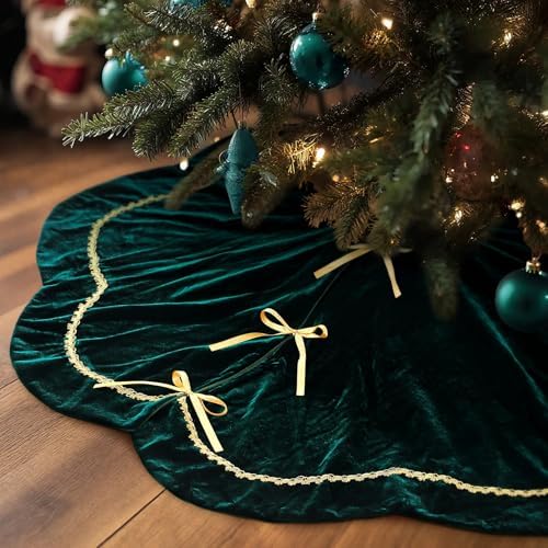 Arrowbash Christmas Tree Skirt 48 Inch Green Velvet Fur Scallop Tree Skirt Sparking Gold Lace Trim for Party Rustic Xmas Holiday Decorations All Year by Arrowbash