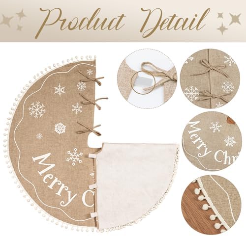 AerWo Burlap Christmas Tree Skirt, 60 Inches, Printed with White Snowflake and Merry Christmas Letter, Xmas Tree Decor for Indoor/Outdoor - Image 4
