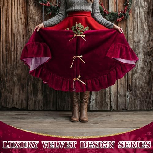 Velvet Christmas Tree Skirt, 60 Inches, Bow Style, Red - Image 7