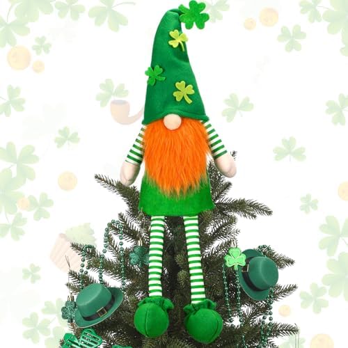 Soulchen 21 Inch Extra Large St. Patricks Day Tree Topper Leprechaun Gnome Tree Topper with Long Dangling Legs Oversized Irish Green Shamrock Sitting Treetop Decoration for Holiday Party Decor by Soulchen
