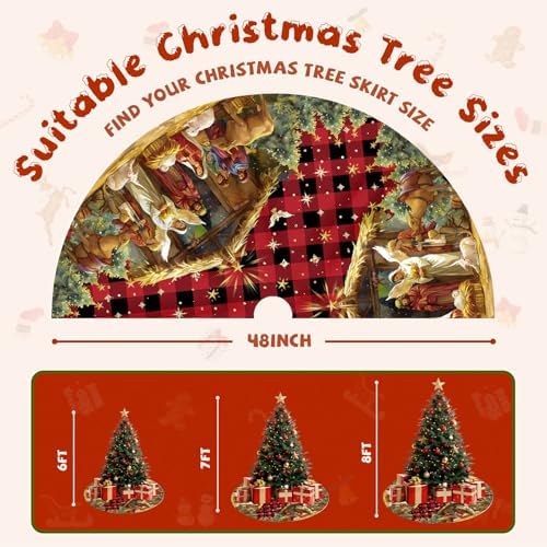 Nativity Christmas Tree Skirt 48 Inch, Christmas Skirt Tree Decoration with Buffalo Plaid Nativity, Christmas Trees Mat for Under Trees Holiday Party Indoor Decorations, Winter Gift for Women - Image 3