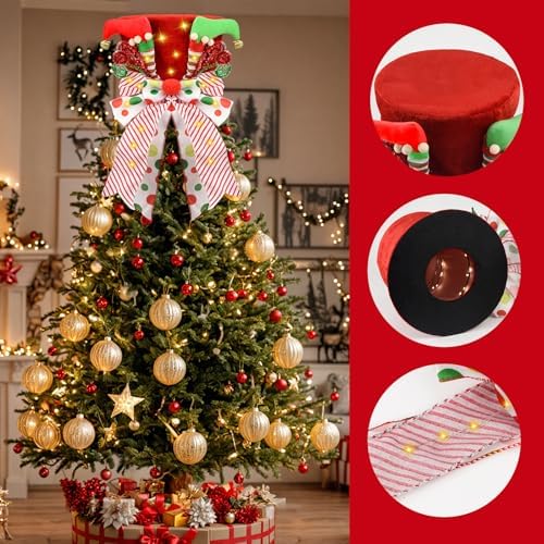 Christmas Tree Topper Hat Lighted, Large Red Bow Christmas Tree Topper with Warm Light Bulbs, Lighted Red Velvet Hat with Elf Legs Christmas Tree Decorations for Home Office Holiday Tree Decor - Image 3