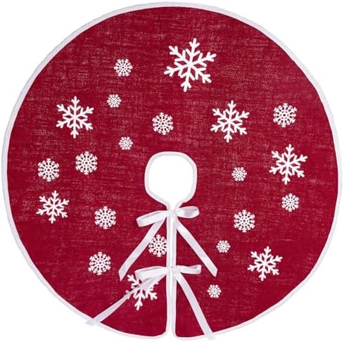 30 Inch Red Burlap Christmas Tree Skirt with White Snowflakes by NTNIETING