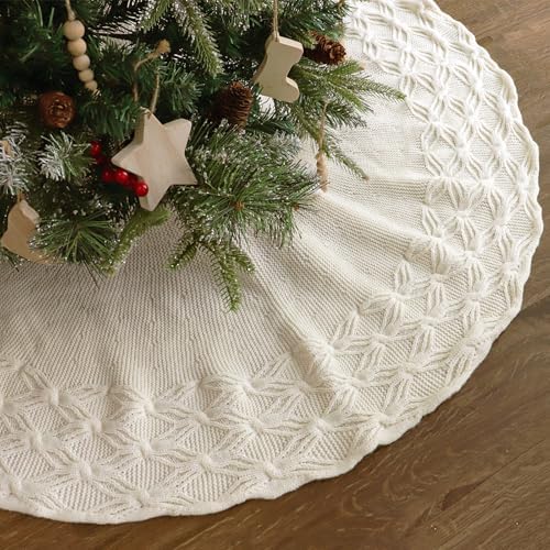 48 inch Christmas Tree Skirt: Crossed Edge Knit Tree Skirt for 7.5ft Tree, Cream White Tree Skirt, Vintage Tree Skirts, Rustic Farmhouse Christmas Decorations by LimBridge