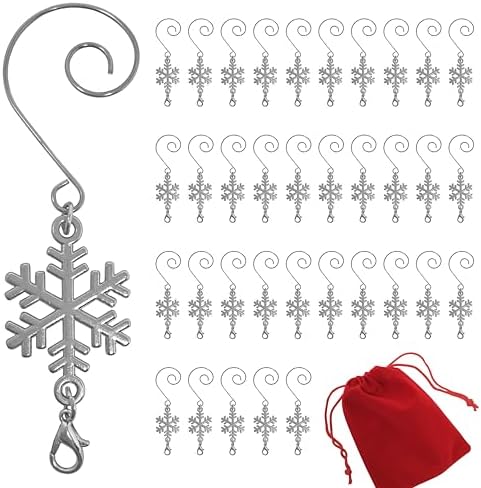 Snowflake Christmas Ornament Hooks Set of 36, Shiny Silver S Hook Hangers with Lobster Claw Clips, 3.5 Inch Decorative Christmas Tree Ornament Hooks, Snowflake Xmas Accessories for Ornaments by BANBERRYDESIGNS