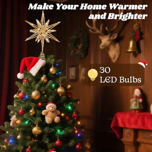 Lewondr Christmas Tree Topper, 14" Lighted 3D Geometric Star Treetop, Gold - Image 2