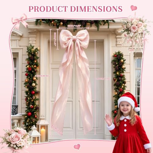 Big Satin Bow Coquette Room Decor, 16x79 Inch Large Christmas Bows for Birthday Decorations, Christmas Tree Topper, Girl Room Decor, Bachelorette, Wedding, Baby Shower, Front Door, Wreath (Pink) - Image 2