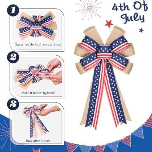 2 Pcs 4th of July Decor Bow for Wreath,Red White Blue Stripe Stars and Burlap Tree Topper Bows for Patriotic,Independence Day,Memorial Day,Veteran's Day,Outdoor Decorations - Image 3