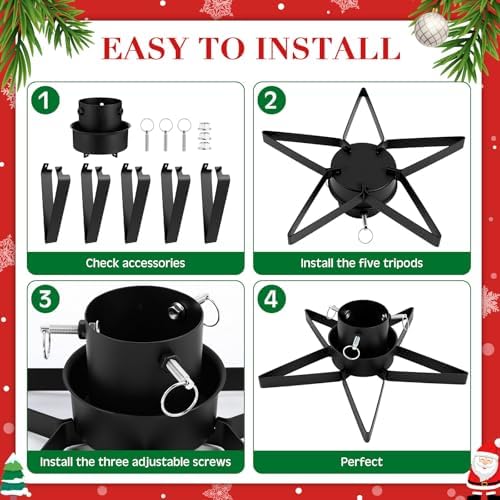 VioraWhite Christmas Tree Stand with Water Reservoir 8.5ft Star Christmas Tree Holder Real Xmas Artificial Trunks Stand Fits up to 1.37"-3.34'' Diameter Pine Holder Base for Rustic Decoration(Black) - Image 4