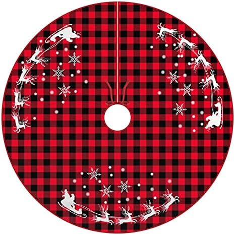 48 Inches Red Black Buffalo Plaid Christmas Tree Skirt Rustic Thick Xmas Tree Skirt with Snowflake Elk and Santa Claus Winter Happy New Year Decoration for Home Holiday Party - Image 2