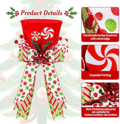 Candy Cane Christmas Tree Topper Hat, Red Velvet Hat,Polka Dot Bow Topper - Image 3