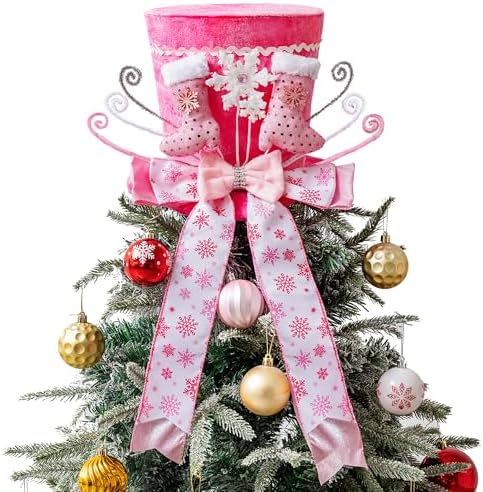 Christmas Tree Topper, Christmas Tree Topper Hat, Pink Boots Tree Topper Christmas Decorations with Bow Ribbon Christmas Tree Ornaments for Holiday Family Xmas D??cor by MOSHAKALA